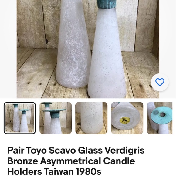 RARE Vintage Toyo Candle Holders, Scavo Glass, Verdigris Bronze, Exc. Cond - Picture 11 of 11